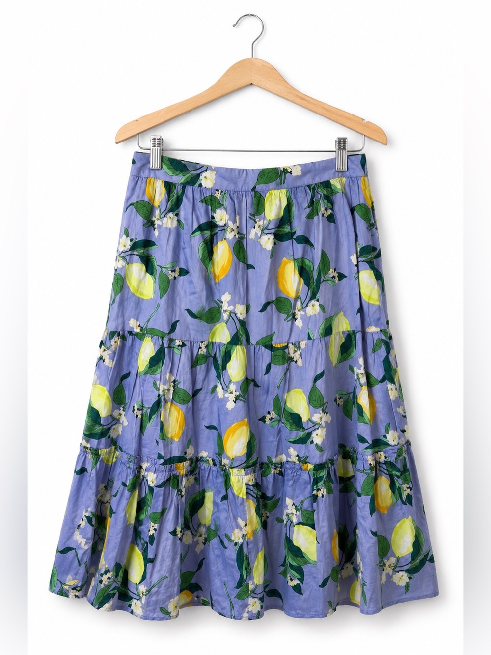 Ann Taylor Factory Blue Lemon Print Skirt Size 4 Tiered Midi Summer Cottage